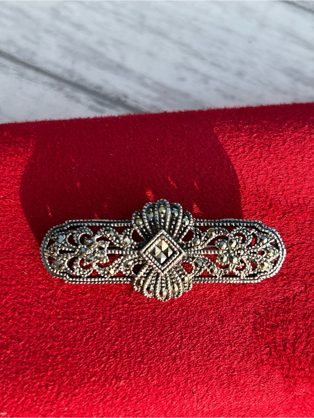 Sterling Silver Filigree and Marcasite Bar Brooch